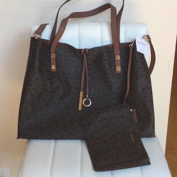 NWT Calvin Klein Brown Gold Monogram Reversible Crossbody Purse Tote - Picture 16 of 16